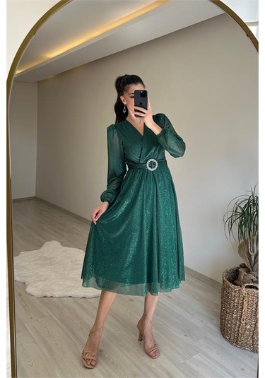 Neşeli Butik Kadın Kruvaze Yaka Tokalı Midi Boy Işıltılı Elbise Nm009 Yeşil