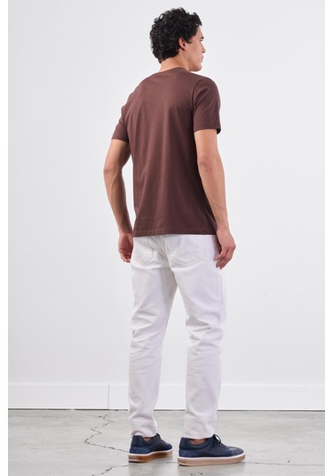 Kahve V Yaka Pamuklu Düz Renk Slim Fit Erkek T-shirt Kahve