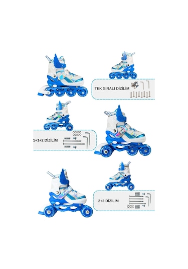Melek Kanatlı Işıklı Çocuk Pateni Silikon Teker Ayarlanabilir Paten Taşıma Çantalı Mavi Mavi
