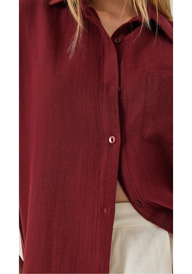 Kadın Oversize Basic Cepli Müslin Gömlek Bordo