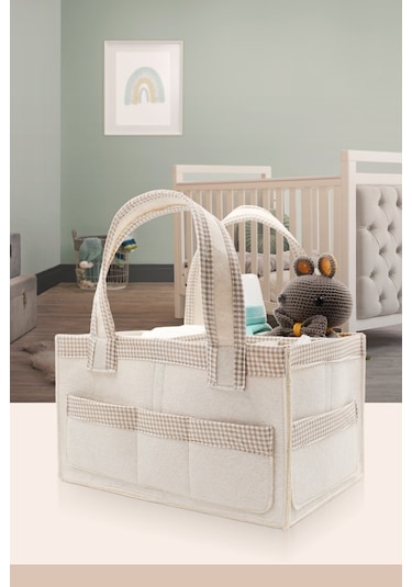 Jasper Kare Şeritli Keçe Anne Bebek Bakım Çantası Organizer Bej