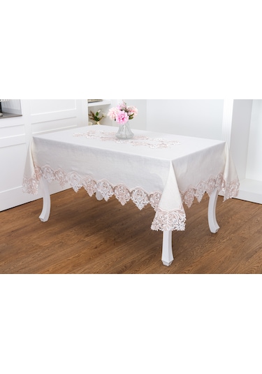 Finezza Laura Lüx Dantelli Simli Keten Kumaş Bej Masa Örtüsü  160x220 cm-1474