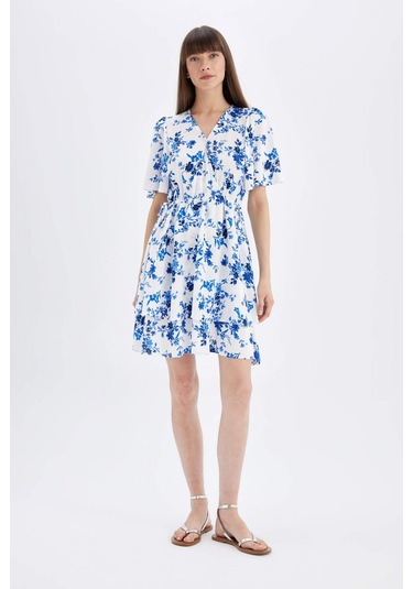 DeFacto Wrap Yaka Çiçek Desenli Maroken Yarım Kollu Mini Elbise C7223AX24SMBE303