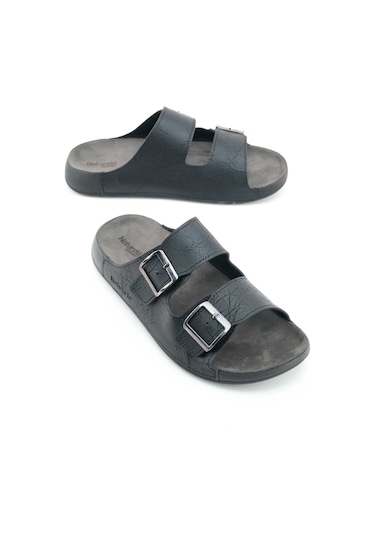 Gezer Naturela Comfort Erkek Yazlık Suni Deri Çift Toka Ayarlanabilir Rahat Taban Günlük Terlik Siyah