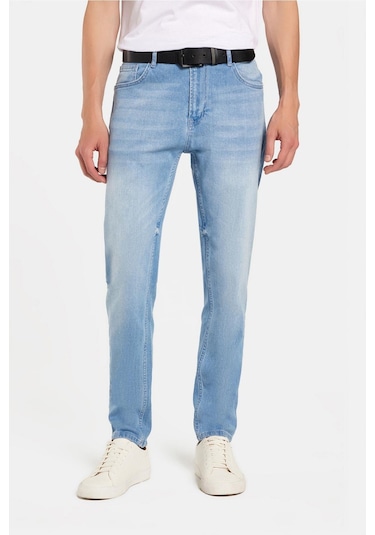 Erkek Normal Kesim Denim Yıkamalı Düz Paça Açık Mavi Jean Kot Pantolon-34491 Açık Mavi