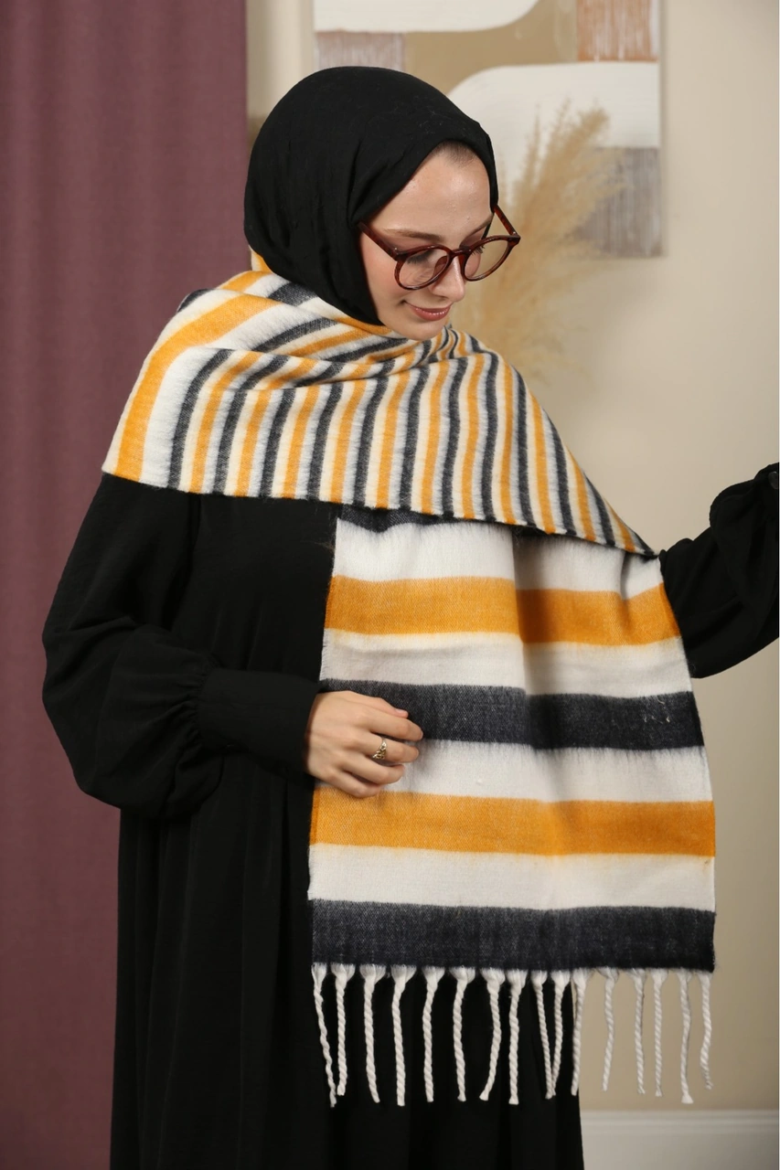 Çift Taraflı Kışlık Omuz Şalı Hardal