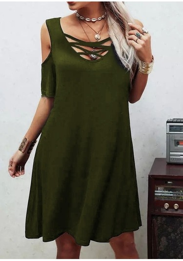 Dekolteli Bağcık Detay Viskon Kumaş Elbise Haki