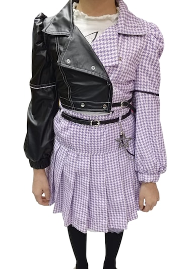 Kız Çocuk Deri Detaylı Lila Renk Üçlü Etekli Takım Lila