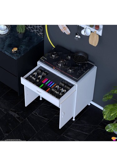 Doqu Xl Set Ocak Altı Dolap 70x88x56 Cm, Çekmeceli, Kapaklı, Tüp Bölmeli Ve Baharat Raflı Beyaz Beyaz