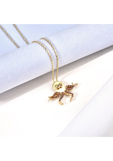 14 Ayar Mikron Altın Kaplama Ahtapot Figürlü Kolye Kırmızı Taşlı El Yapımı Tasarım - Cns00671 Altın