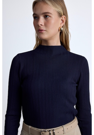 Yüksek Yaka Triko Bluz Lacivert Lacivert