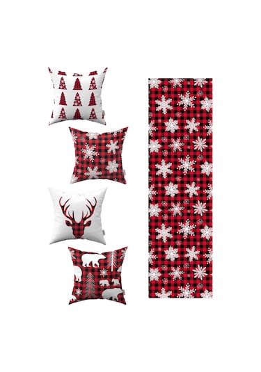 Kırmızı Siyah Ekose Yılbaşı Temalı 4'lü Kırlent Kılıfı 1 Runner Seti 4kmbs84-rs-01