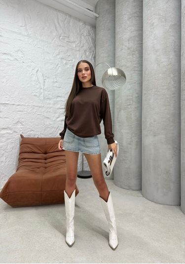 Düz Renk Kadın Sweatshirt Kahverengi
