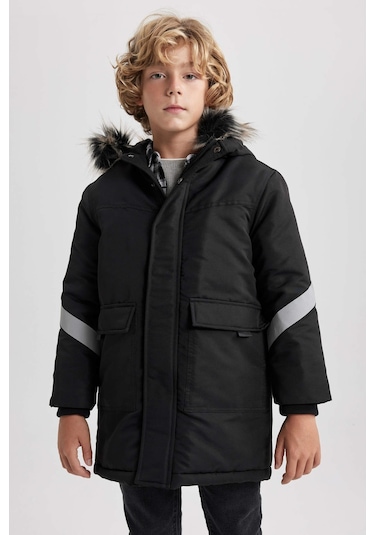 Defacto Erkek Çocuk Su İtici Çıkarılabilir Kürk Kapüşonlu Pelüş Astar Kaban A2260A823CWBK27 Siyah