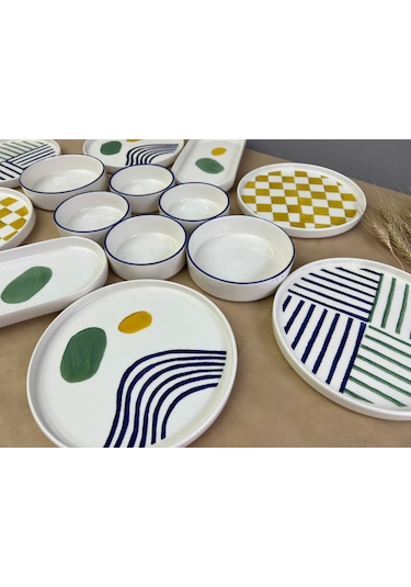 Kevin Seramik Modern Hand Made 14 Parça 6 Kişilik Lüxs Kahvaltılık Sunum Tabağı Seti Mavi - Sarı - Yeşil