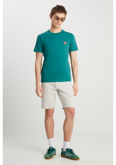 %100 Pamuk Regular Fit Normal Kesim Bisiklet Yaka Minimal Logo Yeşil Tişört Bayberry Green