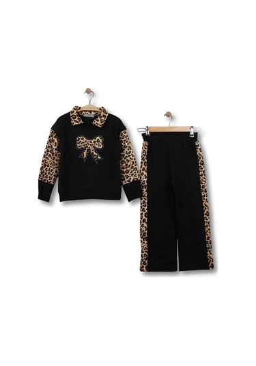 Leopar Yaka Detaylı Kız Çocuk Alt Üst Takım Siyah