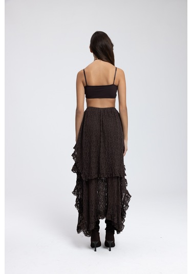 Mireya Asimetrik Kahve Dantel Etek Kahve