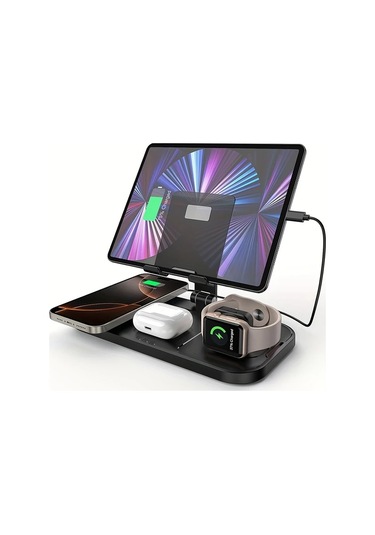 Topshop1 İphone 16 15 Pro Max 14 13 Serisi İpad İwatch İçin Siyah Hızlı Şarjlı Kablosuz Şarj İstasyonu Çoklu Cihaz Uyumlu