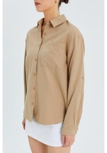 9942 Kadın Oxford Uzun Kol Basic Gömlek Bisküvi Bisküvi