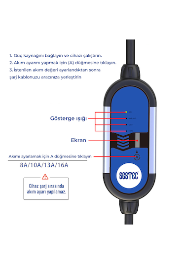 Sgstec Ev Type2 16A Taşınabilir Elektrikli Araç Şarj Cihazı