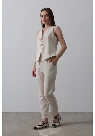 Modasize Düğme Detaylı Yelek - Krem Krem