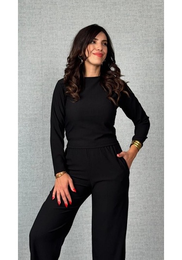 Kadın Uzun Kol Bisiklet Yaka Bürümcük Bluz Ve Pantolon Ikili Takım Siyah
