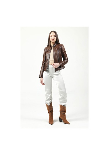 Dericlub Siena Kadın Slim Fit Hakiki Deri Mont Camel Antik Camel Antik Camel