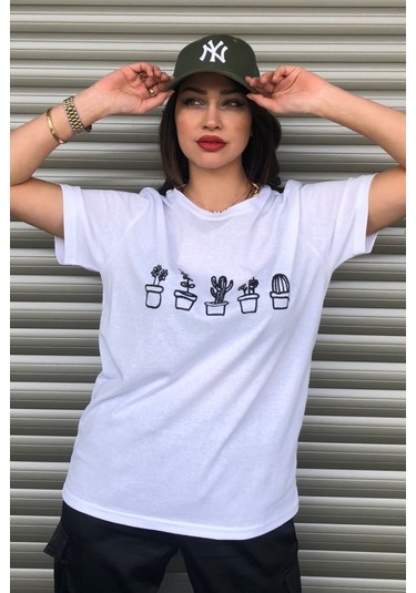 Modagen Kaktüs Baskılı Beyaz Kadın Oversize T-shirt K Beyaz