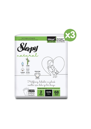 Sleepy Natural Avantajlı Paket Bebek Bezi 2 Numara Mini 204 Adet 3'lü