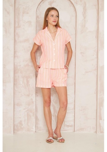 Kadın Özel Kumaş Ceket Yaka Beli Lastikli Kısa Kol Gömlek Cepli Şort Takım 3625290 Turuncu