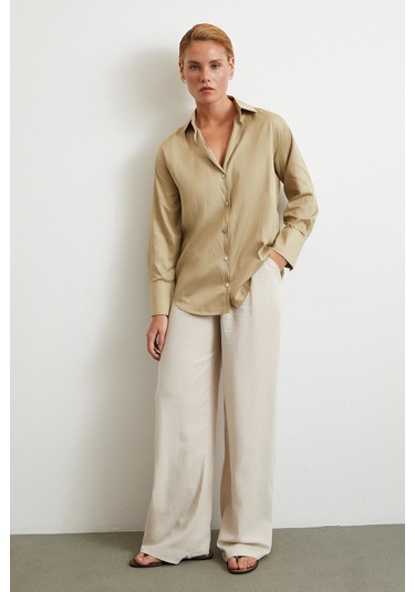 Diagonal Desen Gömlek Bej Bej