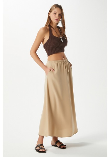 Kadın Seaside Vizon Astarlı Bel Lastikli Cepli Dokuma Uzun Etek Vizon