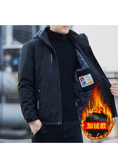 Erkek Sonbahar/kış Kadife Astarlı Rüzgar Geçirmez Ve Su Geçirmez Ceket Siyah