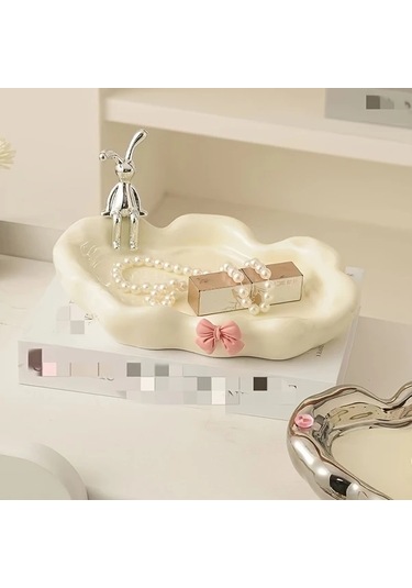 Maxaccess Beyaz Tavşanlı Porselen Tepsi: Takı, Kozmetik, Anahtar İçin Dekoratif Saklama Kutusu Beyaz