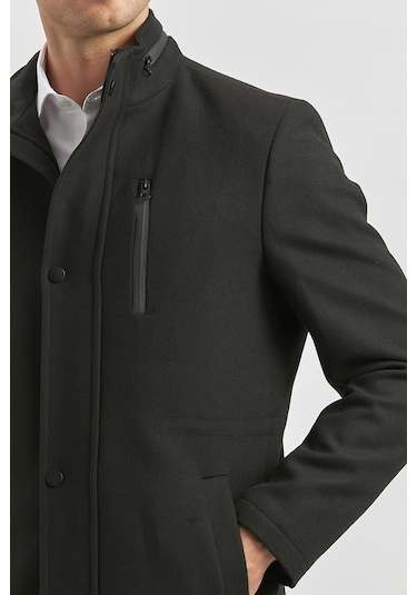 Kaşe Dik Yaka Kapitoneli Astar Slim Fit Dar Kesim Klasik Kaban 1008245150-siyah Siyah