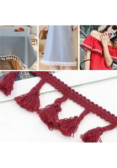 Flybuy 25 Metre 4.5 Cm Pamuklu Süpürge Dantel Kurdele, Etnik Püskül, Dıy Perde, Ev Dekoru, Giyim Aksesuarı, Kırmızı Renk