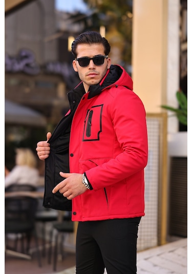 Kırmızı Su Ve Rüzgar Geçirmez Içi Kürklü Softshell Mont Kırmızı