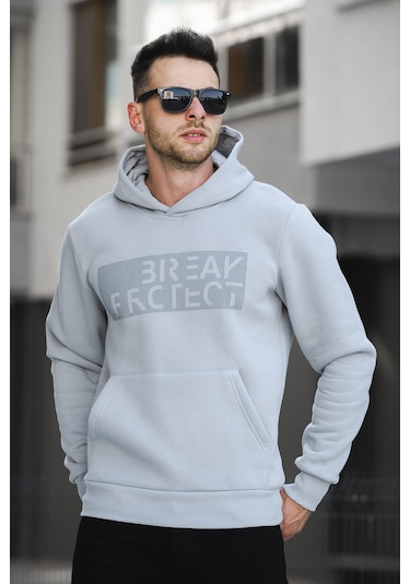 Oksit Break Üç İplik Şardonlu Baskılı Kapüşonlu Erkek Sweatshirt 001
