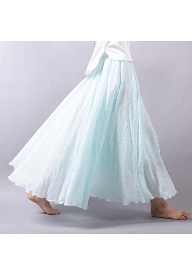 Kadın Zarif Yüksek Bel Keten Maxi Etek Yaz Bayanlar Rahat Elastik Bel 2 Katmanlar Etekler Saia Feminina Gökyüzü Mavisi