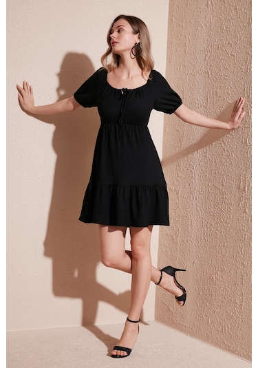 Lela Önü Büzgülü Balon Kollu Mini Bayan Elbise 5869005 Siyah