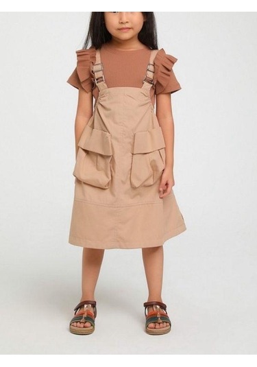 Kız Çocuk Büyük Cepli Askılı Salopet-14133 Camel