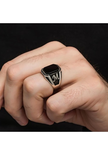 Harfli Oniks Taşlı 925 Gümüş Erkek Yüzük Beyaz