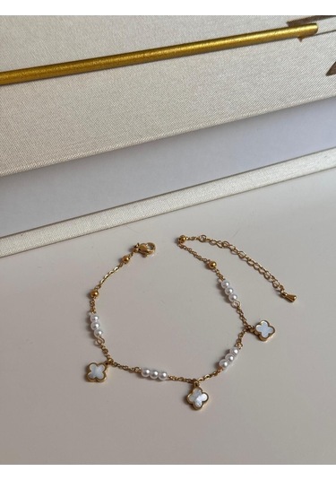 İnci Boncuklu Beyaz Çiçek Figürlü Altın Renk Kadın Halhal Altın