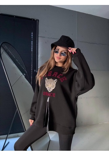Fermuarlı Leopar Baskılı Oversize Siyah Sweat Siyah