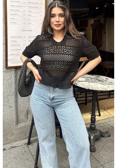 Kadın Siyah Ajurlu Merserize Triko Örme, Terletmez, Salaş Kalıp, Polo Yaka Bluz Siyah