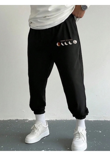 Moon Eclipse Eşofman Altı Jogger - Siyah Baskılı Lastik Paça Yüksel Bel Siyah