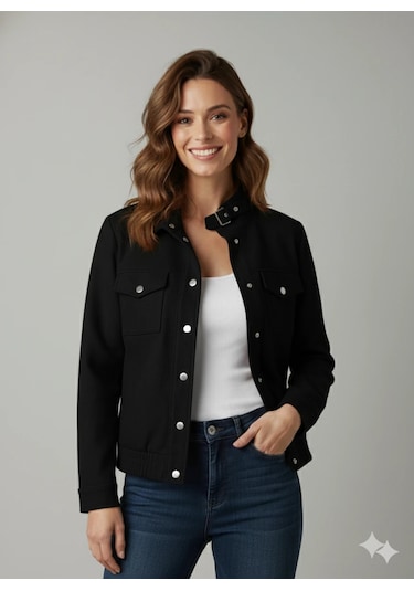 Kadın Taba Zarif Kısa Ceket Toka Detaylı Dik Yaka Cepli Süet/kaşe Baharlık Ceket Siyah