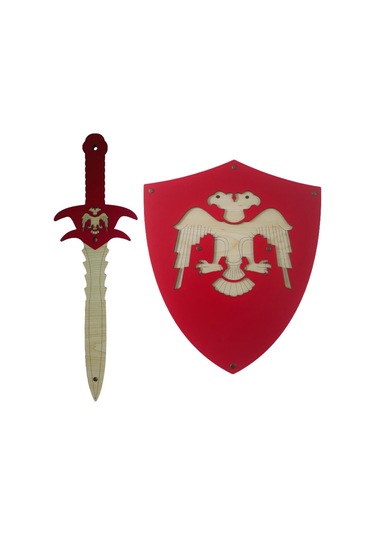 Ahşap Çift Başlı Selçuklu Kalkanı ve Kılıcı  Kırmızı
