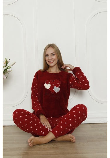 Fawn 3316 Peluş Welsoft Polar Kışlık Yumoş Kalpli Kadın Pijama Takımı Bordo